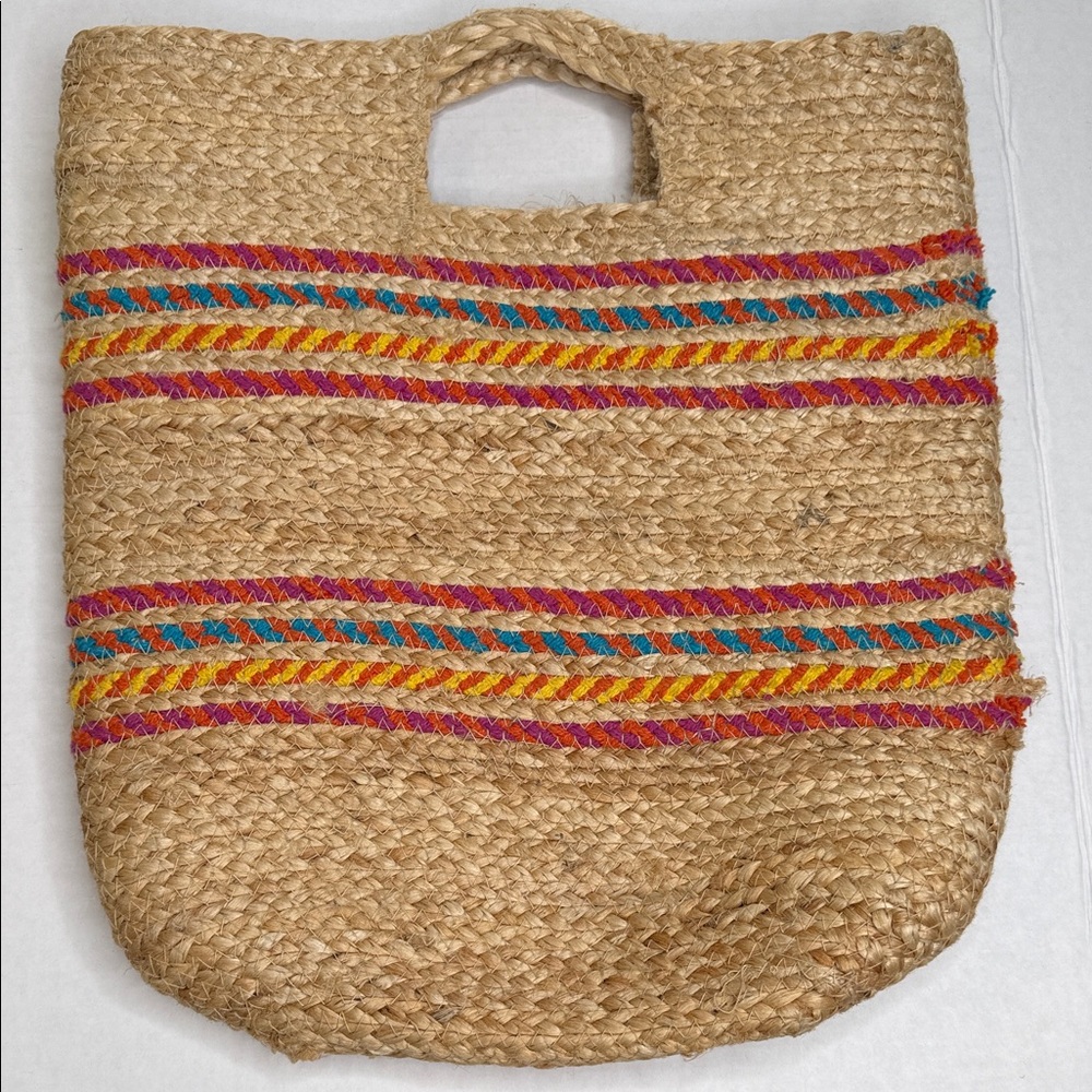 Magid Natural Jute Straw Tote with Pink, Orange, Yellow & Blue Stripes